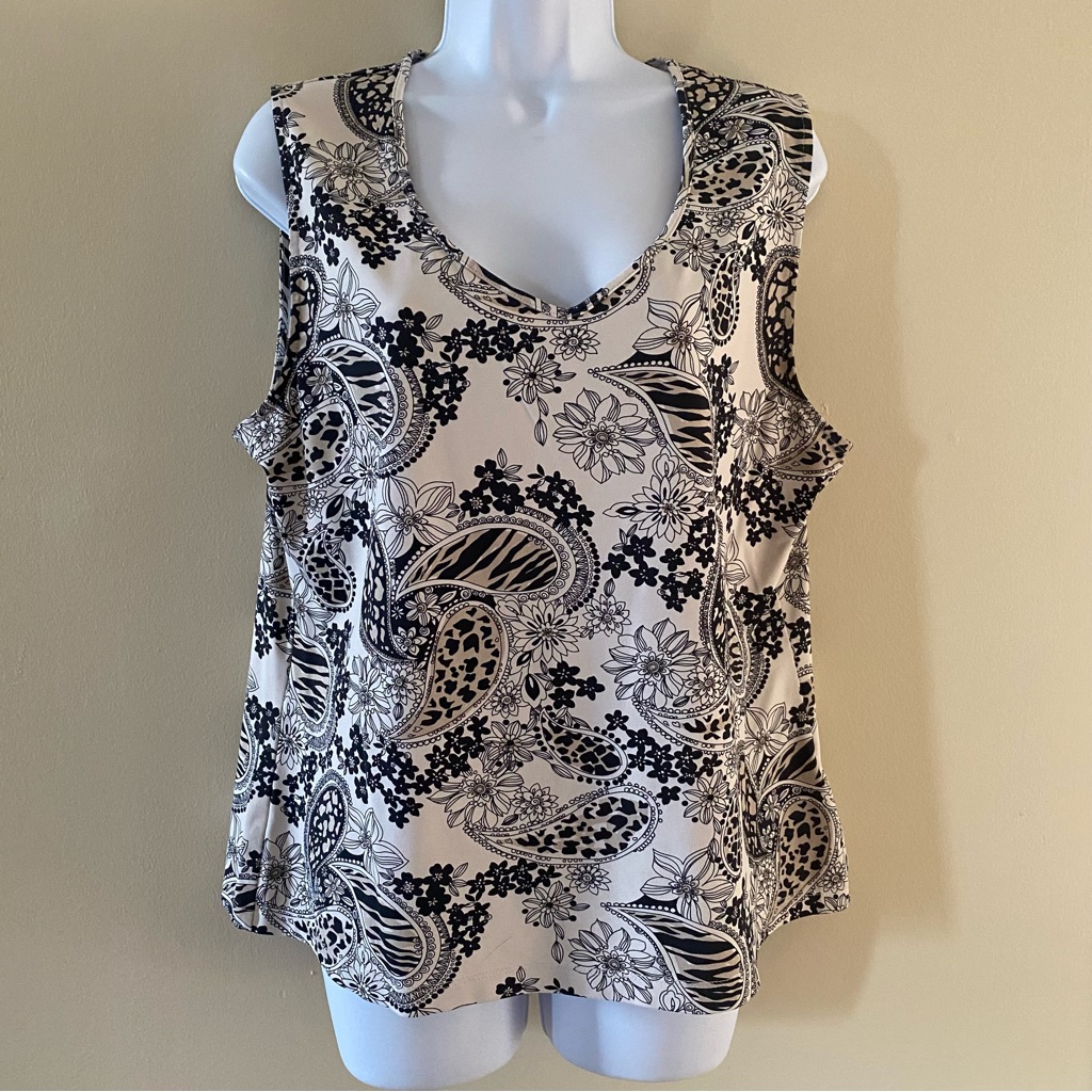 Vintage White Black Tan Women’s Croft & Barrow Stretch Tank Top Size Xl Floral